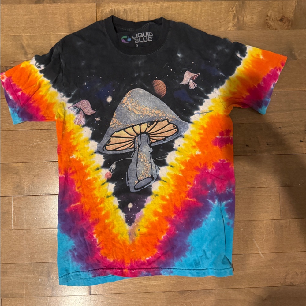 Liquid Blue Multicolor Tie-Dye Tee with Mushroom Design